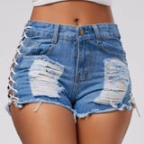 High Waist Ripped Lace Up Shorts