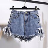 Vintage Lace Up Tassel Denim Shorts